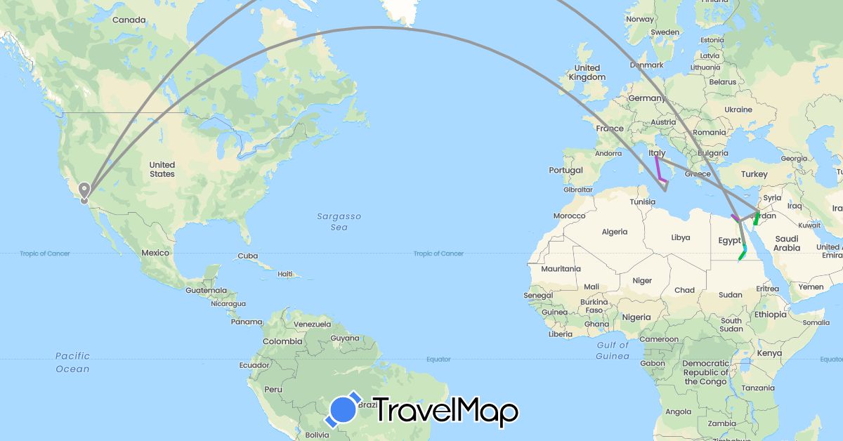 TravelMap itinerary: driving, bus, plane, train, boat in Egypt, Italy, Jordan, Malta, United States (Africa, Asia, Europe, North America)